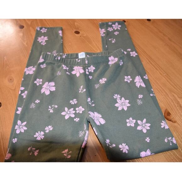 Gap Kids, Fleece Lined Leggings, Olive Green with Pink Floral Print, Size XL 12 - Picture 2 of 4